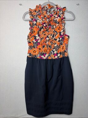 Anthropologie Girls from Savoy Orange & Navy Floral Ruffle Dress